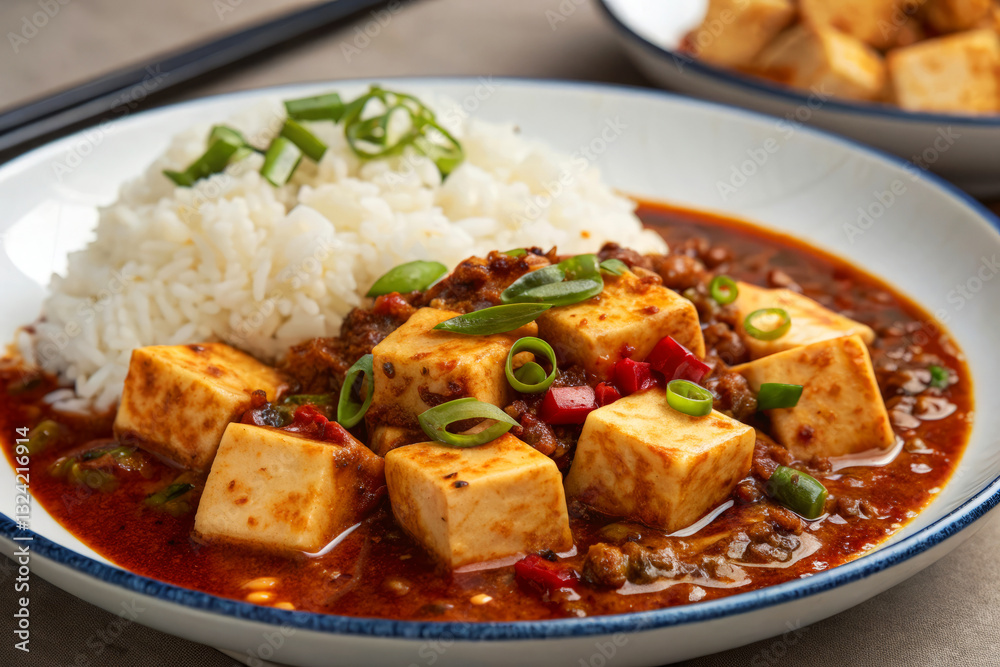Delicious Spicy Tofu Dish with Rice and Green Onions in a Bowl on a Table Setting Delicious Spicy Tofu Dish with Rice and Green Onions in a Bowl on a Table Setting