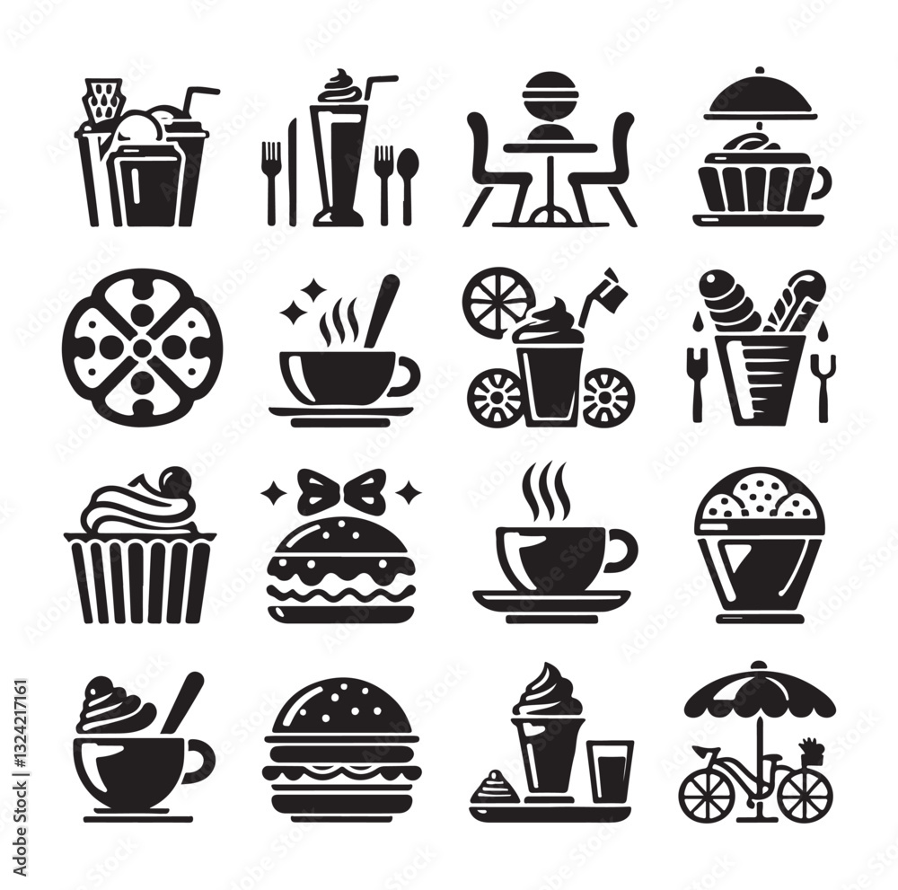Silhouette icon set of cafe icons, restaurant icon, food and drink icon vector style on white background. Silhouette icon set of cafe icons, restaurant icon, food and drink icon vector style on white background.