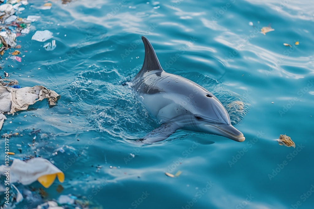 Obraz premium Dolphin swimming around ocean trash