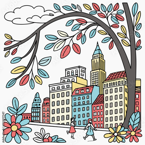 happy cityscape with fancy trees for your coloring book