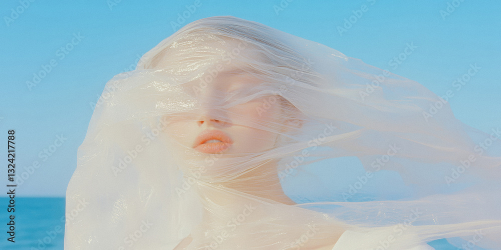 Ethereal high fashion portrait with translucent fabric against a blue sky background Ethereal high fashion portrait with translucent fabric against a blue sky background