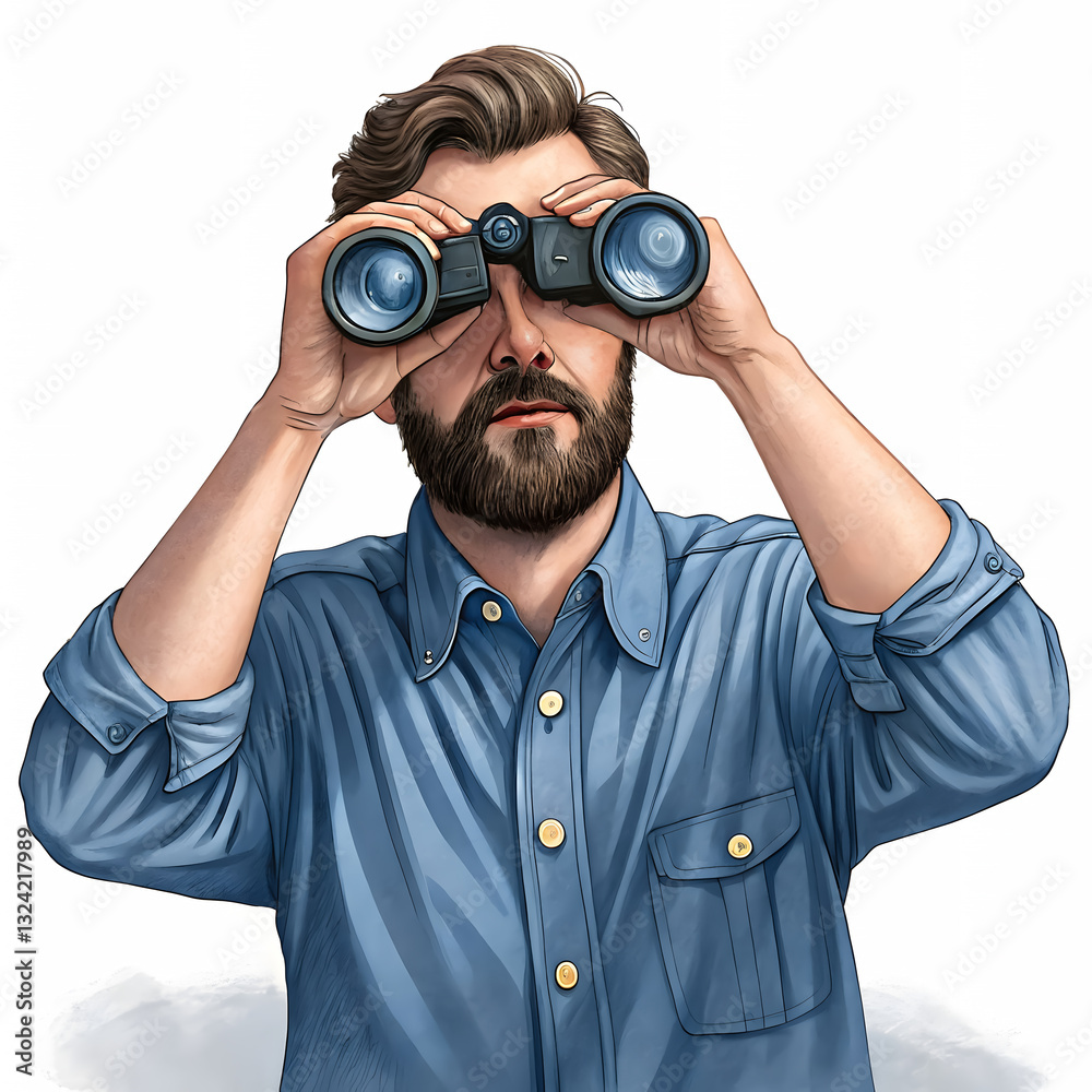 Detailed Illustration of a Bearded Man in a Denim Shirt Using Binoculars – Ideal for Graphics Ads and Print Media Detailed Illustration of a Bearded Man in a Denim Shirt Using Binoculars – Ideal for Graphics Ads and Print Media
