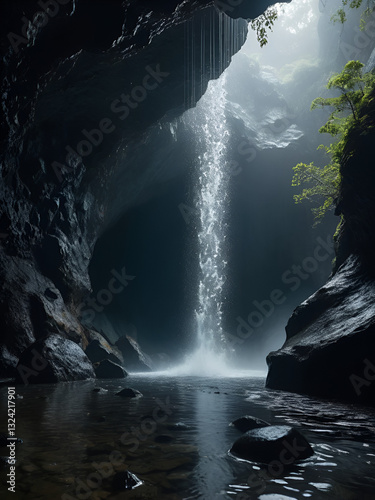 Mystic splashes of rainy water lighting a cave land with black dots in slo-mo