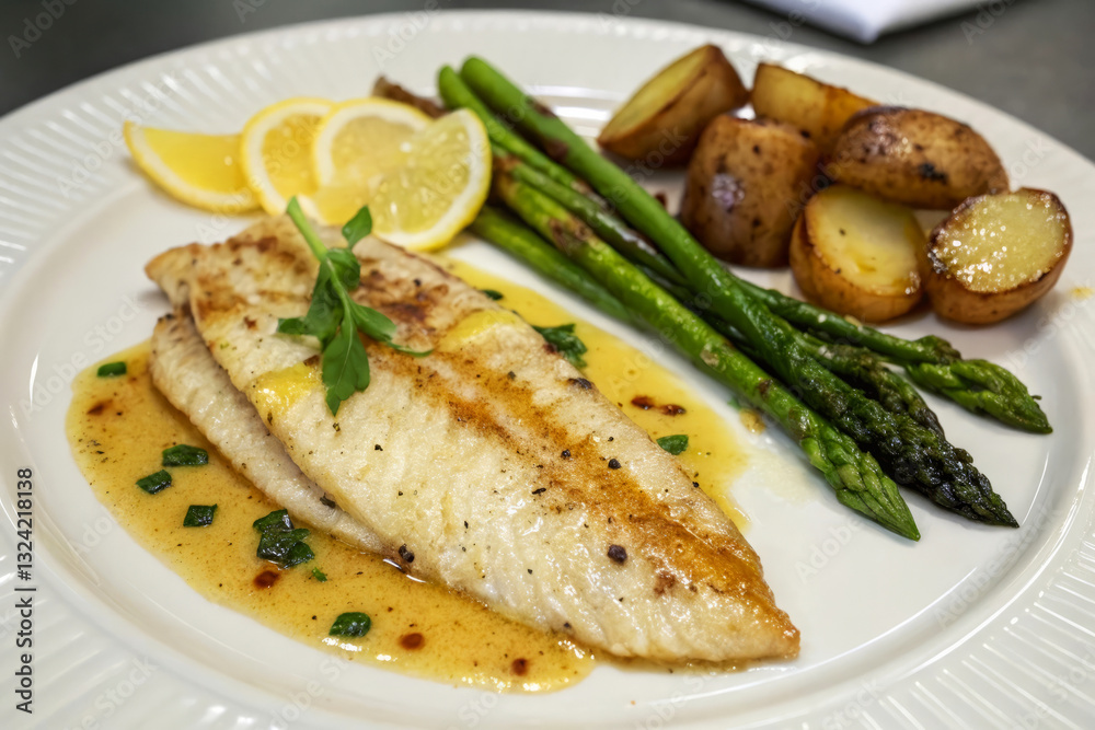 Grilled Fish Fillet with Lemon, Asparagus, and Roasted Potatoes on Elegant Serving Plate Grilled Fish Fillet with Lemon, Asparagus, and Roasted Potatoes on Elegant Serving Plate