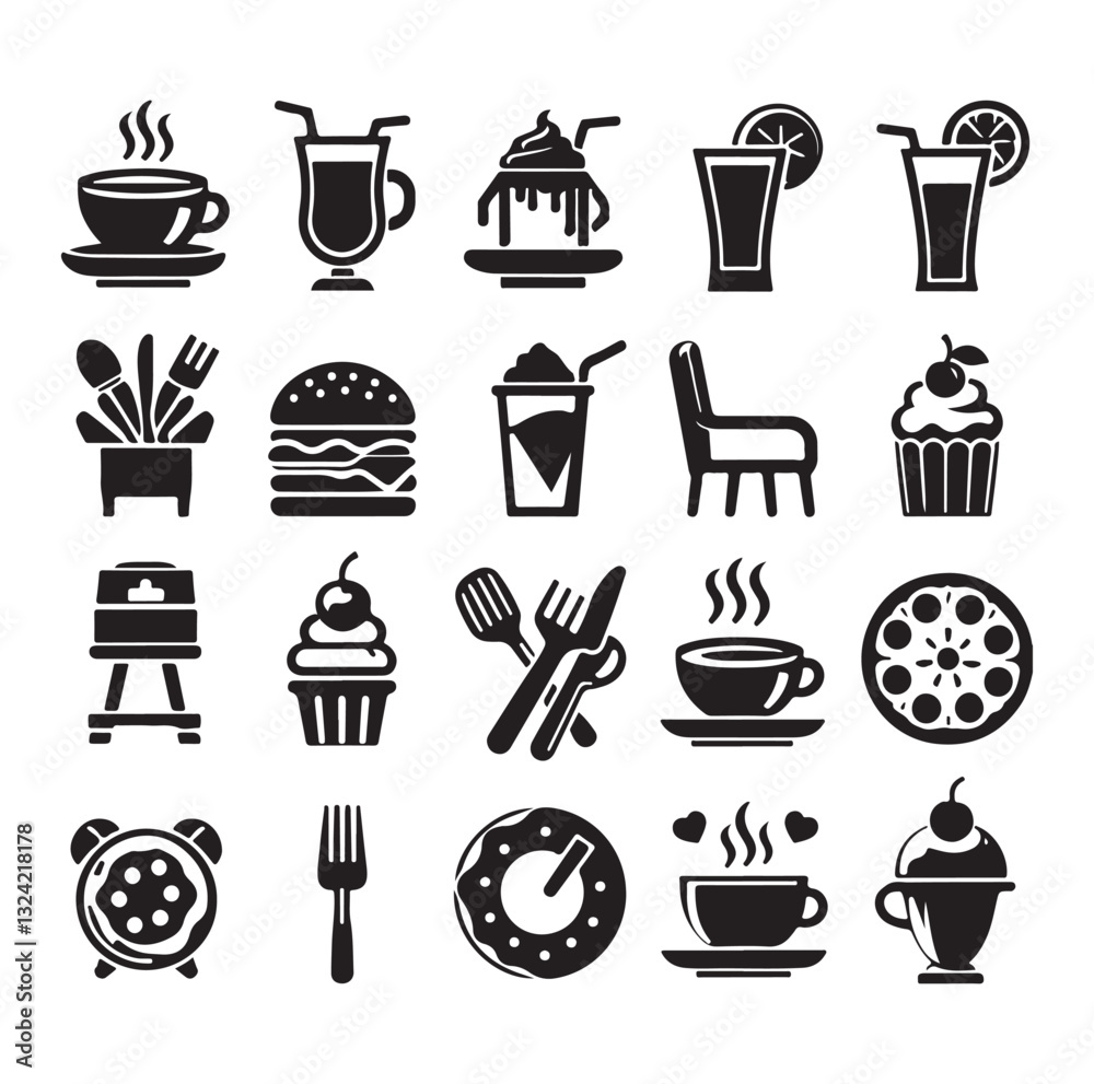 Obraz premium Silhouette icon set of cafe icons, restaurant icon, food and drink icon vector style on white background.