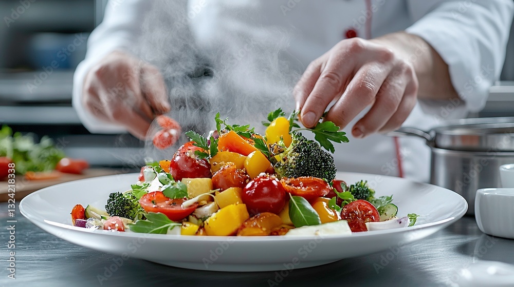 Vegan chef skillfully preparing a vibrant and fresh vegetable dish in a modern kitchen setting Vegan chef skillfully preparing a vibrant and fresh vegetable dish in a modern kitchen setting
