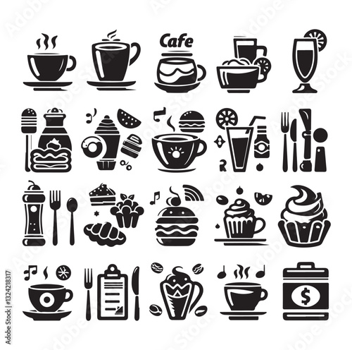 Silhouette icon set of cafe icons, restaurant icon, food and drink icon vector style on white background.