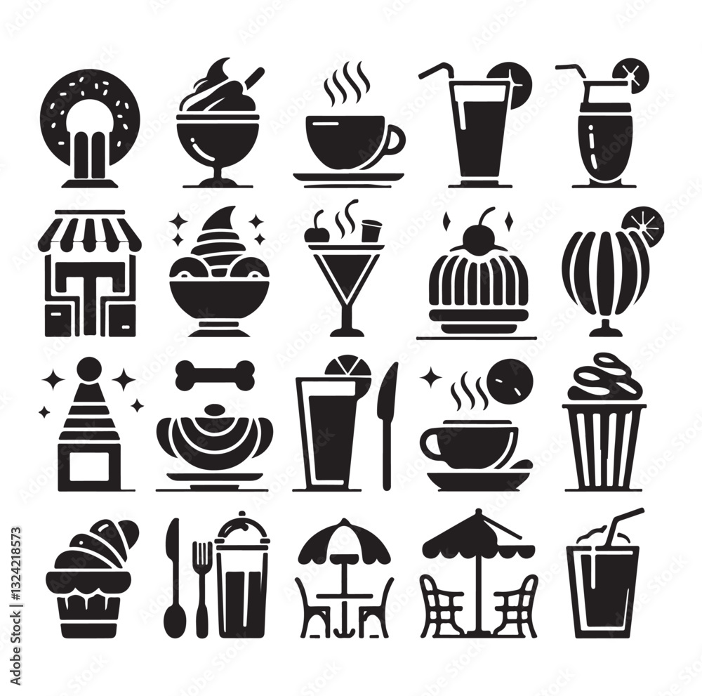 Silhouette icon set of cafe icons, restaurant icon, food and drink icon vector style on white background. Silhouette icon set of cafe icons, restaurant icon, food and drink icon vector style on white background.