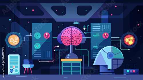 In a room filled with blinking lights and intricate machinery neuroscientists use data mapping to uncover the underlying structure of the brains visual system.. Vector illustration