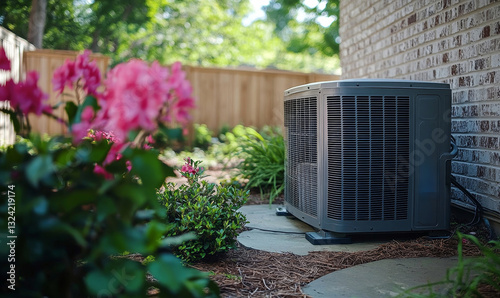 a outdoor AC unit set up near brick wall in the garden