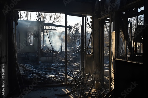 Burned-out building interior with debris and smoke, war-torn destruction