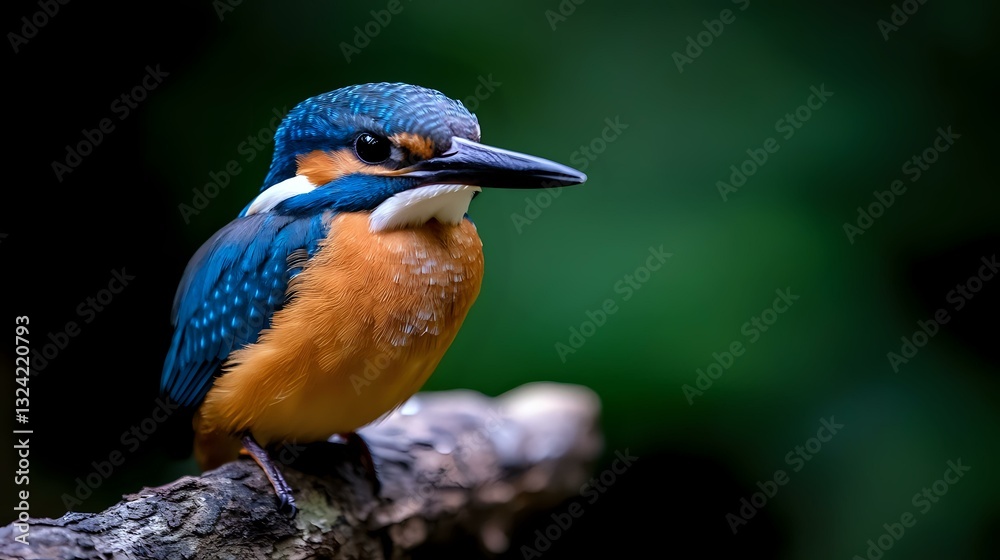 custom made wallpaper toronto digitalCommon kingfisher perched on wooden branch against dark green background, displaying vibrant blue and orange plumage in sharp detail. Wildlife photography.