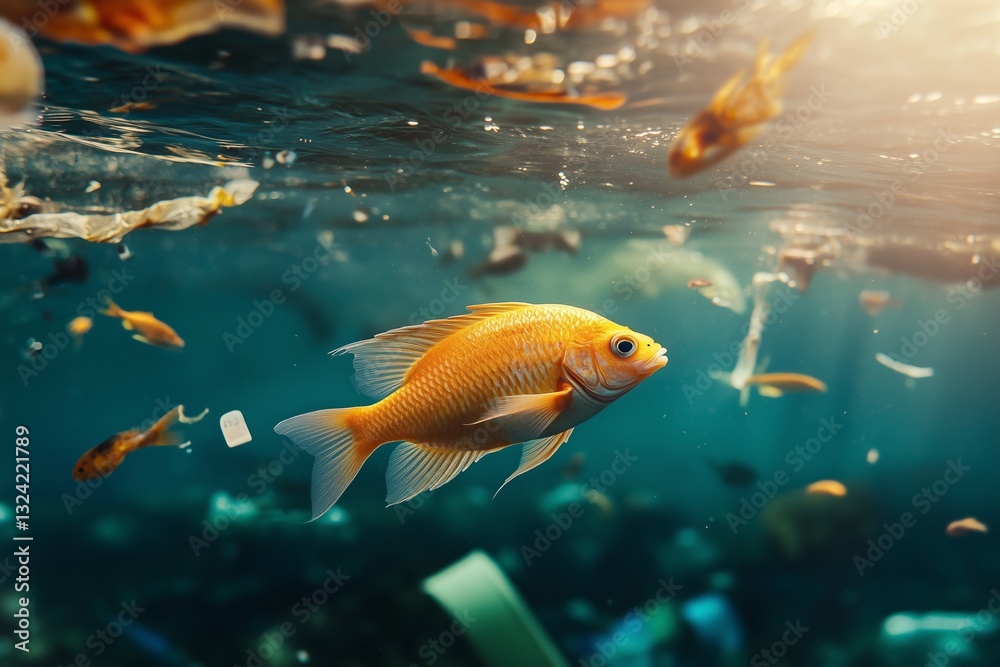 Fototapeta premium fish swimming around ocean trash