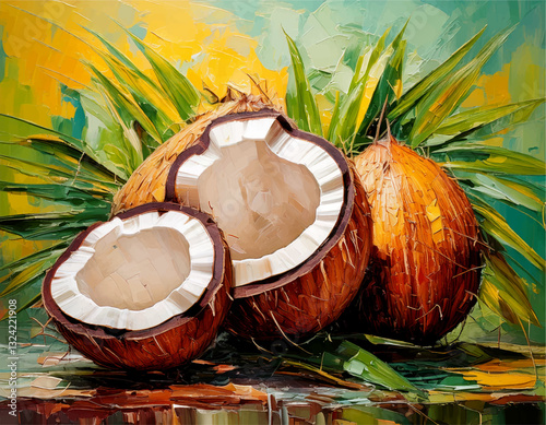 Watercolor coconut drawing on white background, Natural Fresh coconut isolated, fresh fruits art painting, coconuts wall art	