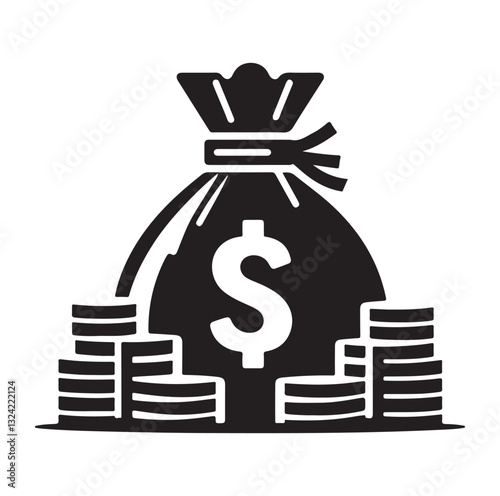 Money bag or stash of money flat icon silhouette vector icon on white background.