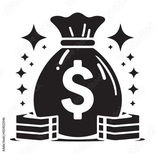 Money bag or stash of money flat icon silhouette vector icon on white background.