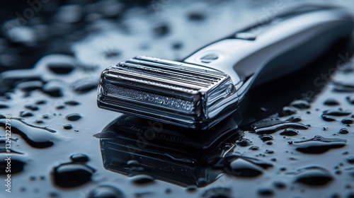 A sleek electric razor lay poised on a damp, textured surface, its chrome finish reflecting the dim, dark backdrop, a stark image of modern technology and everyday life.