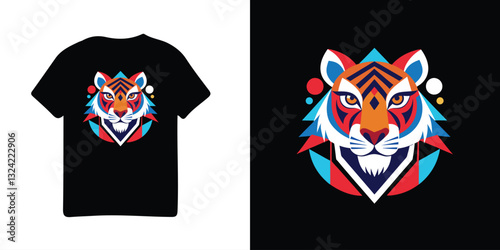 Modern Geometric Tiger Head T-Shirt Design with Bold Colors
