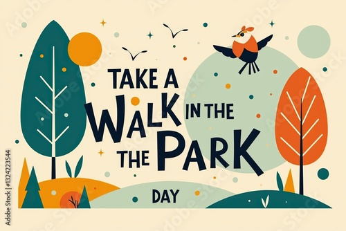 Celebrating Nature's Serenity: A Vibrant Graphic Promoting Outdoor Exploration and the Joys of 'Take A Walk in the Park Day' with Colorful Elements