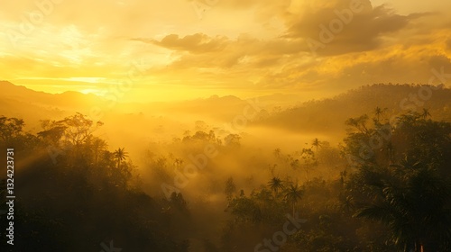 dusky golden sunset over a jungle