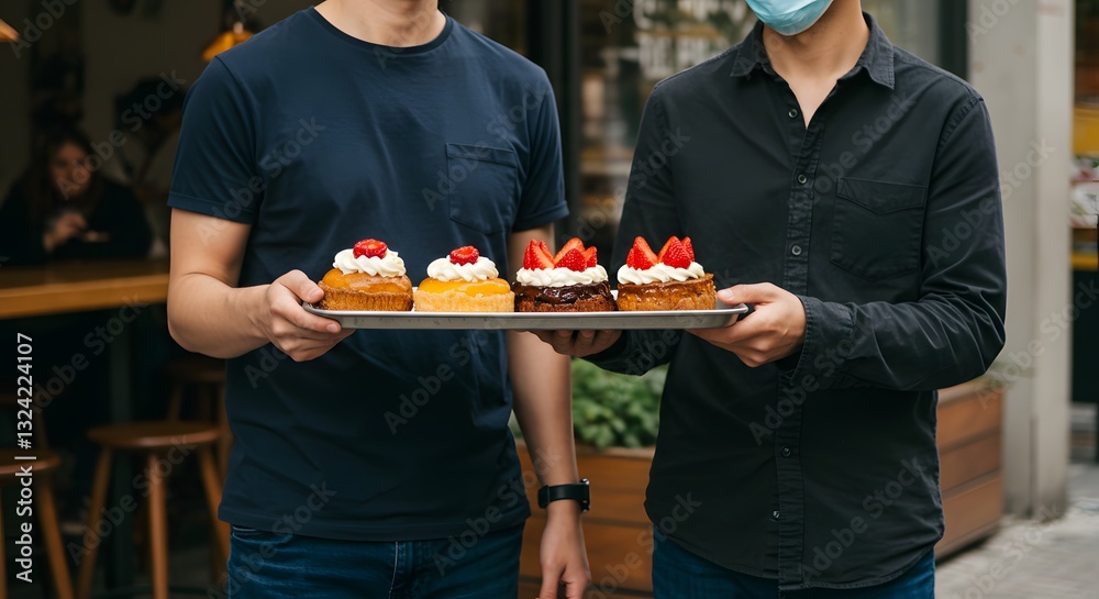 Delicious strawberry cakes served by two men in casual wear outdoors red food tray cafe shop sweet Delicious strawberry cakes served by two men in casual wear outdoors red food tray cafe shop sweet