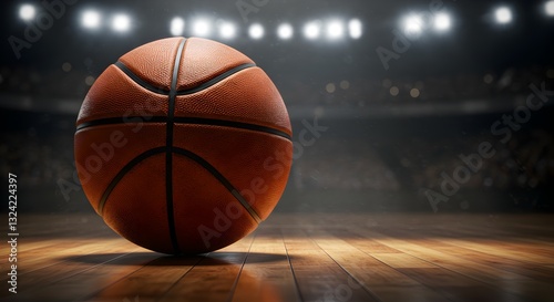 Dramatic close-up of a basketball on a polished wooden court under stadium lights