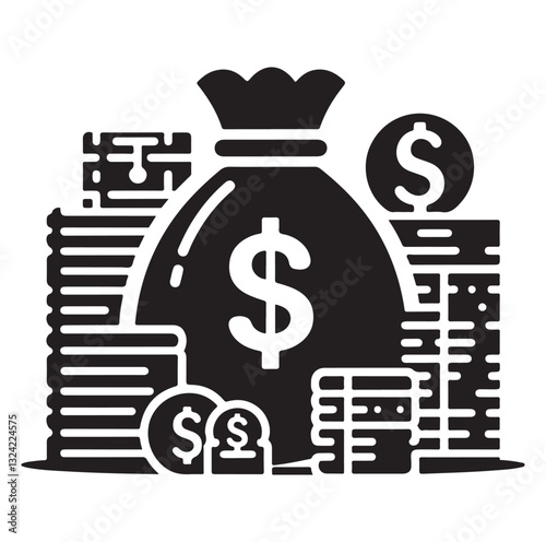 Money bag or stash of money flat icon silhouette vector icon on white background.