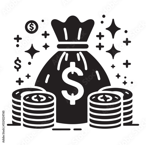Money bag or stash of money flat icon silhouette vector icon on white background.