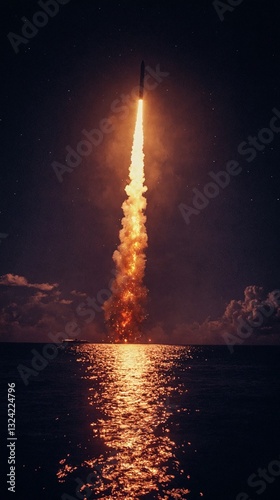 Un cohete se eleva majestuosamente desde el océano, iluminando el cielo nocturno con su estela de fuego.