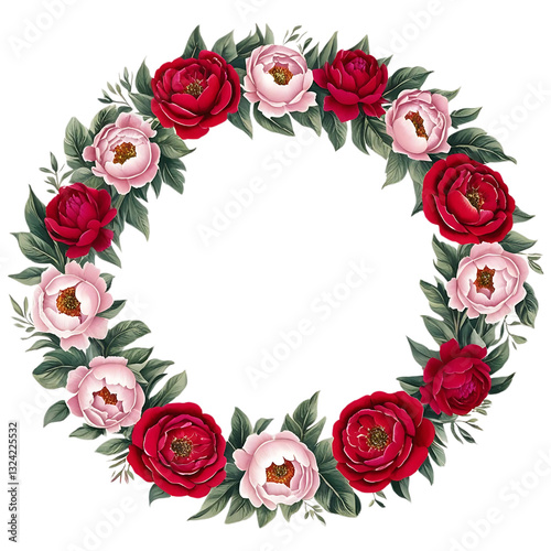 A circular arrangement of hand-drawn roses, peonies, and leaves, ideal for logos or wedding invitations.