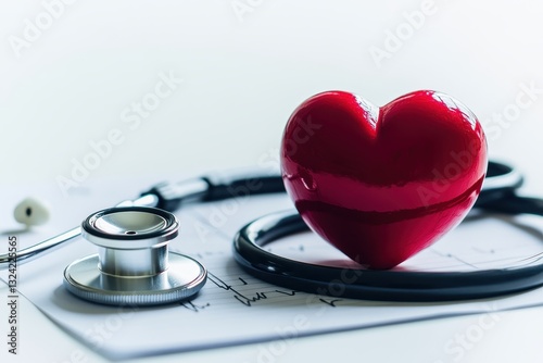 Red Heart and Stethoscope on ECG Paper, Symbolizing Heart Health