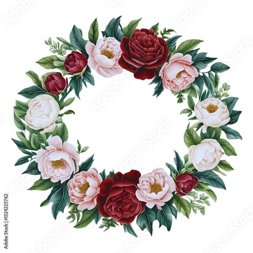 A circular arrangement of hand-drawn roses, peonies, and leaves, ideal for logos or wedding invitations.