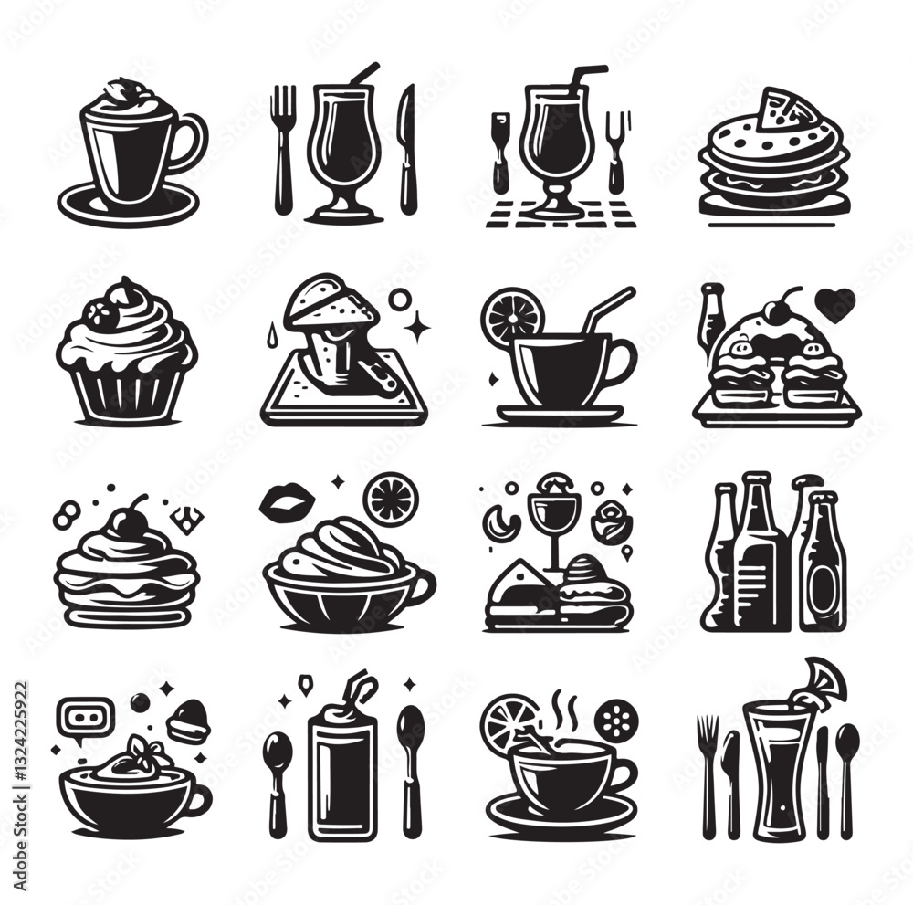 Silhouette icon set of cafe icons, restaurant icon, food and drink icon vector style on white background. Silhouette icon set of cafe icons, restaurant icon, food and drink icon vector style on white background.