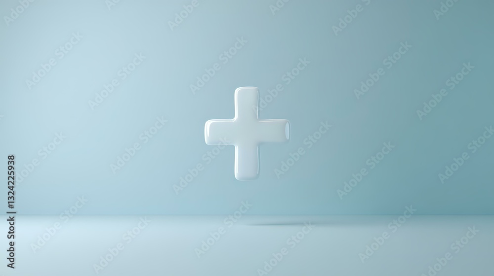 Obraz premium White medical cross symbol floating on soft blue background with minimalist design and clean aesthetic for healthcare and medical concepts.