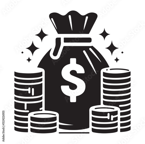 Money bag or stash of money flat icon silhouette vector icon on white background.