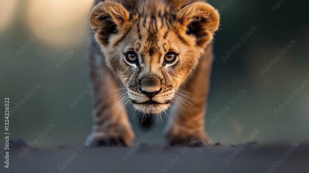 Fototapeta premium Young lion cub with bright eyes and curious expression walking forward in dramatic lighting, close-up portrait against blurred natural background.