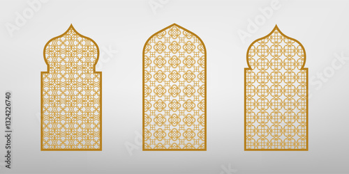 Set of gold arabic frame silhouettes. Vector illustration. Ramadan Kareem labels for invitation card template. Arabic traditional architecture icons. Borders with Arabic designs