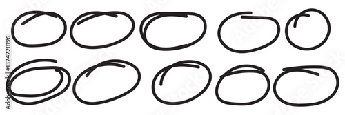 Highlight oval marker frames line. Hand drawn scribble circle sketch underscore set. Doodle ovals and ellipses line template. Vector illustration isolated on white background.