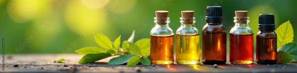 Collection of different aromatic essential oils in glass bottles on blurred background, essential oil bottles, organic, alternative therapy Collection of different aromatic essential oils in glass bottles on blurred background, essential oil bottles, organic, alternative therapy