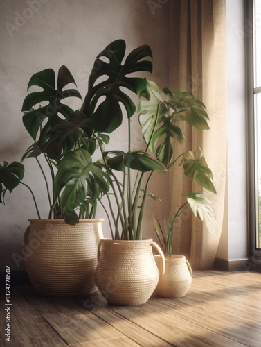 Monstera Plant Ensemble in Woven Pots on Wooden Floor Evoking Serenity and Natural Beauty Indoors