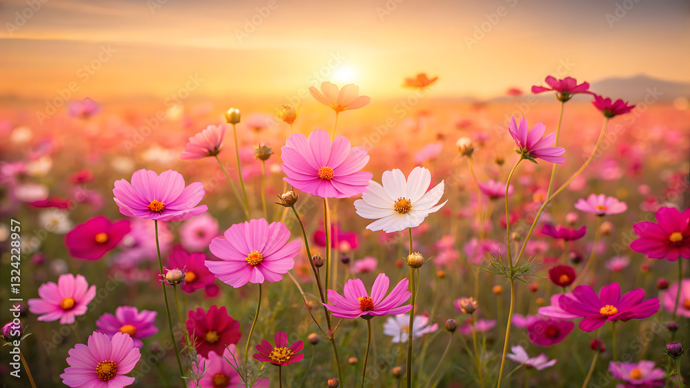 vibrant field bursts forth with riot of cosmos flowers at sunset vibrant field bursts forth with riot of cosmos flowers at sunset