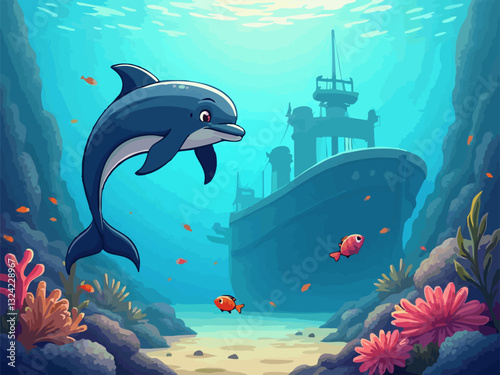 Vector drawing for children notepad
of cartoon dolphin, tropical fish, ship
under water at coral reef. Underwater world of ocean.
Algae, corals and sea anemones on seabed.
