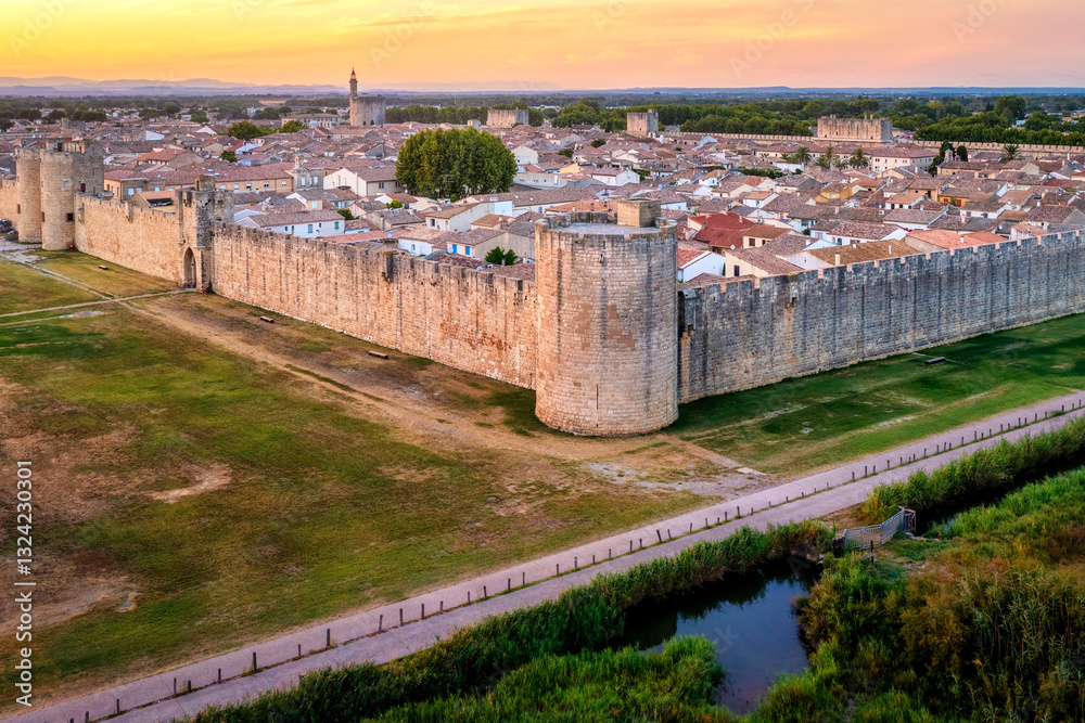 The ramparts and towers of historical Aigues-Mortes town in Camargue region, France