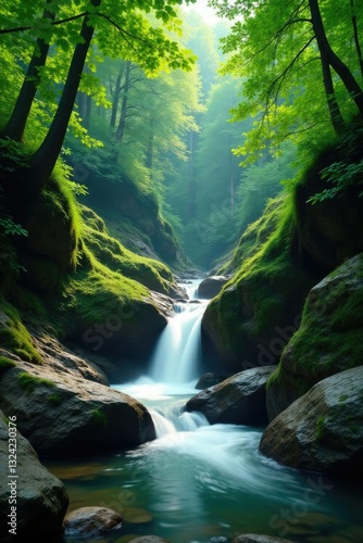 Wallpaper Mural lush green forest with a gentle waterfall cascading down rocks, waterfall, rock, forest Torontodigital.ca