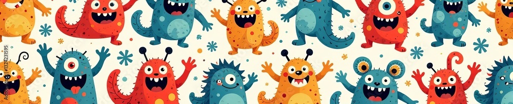 Obraz premium Colorful cartoon monsters in seamless pattern for kids, background, creatures, textile