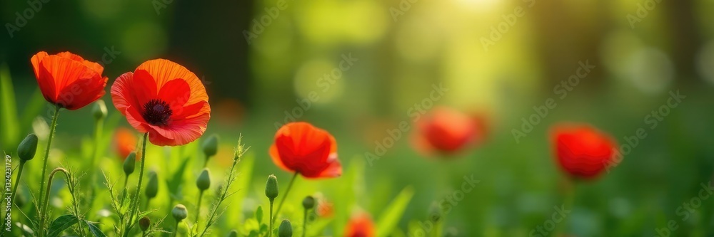 Red poppies growing amidst green lush grass and leaves, autumn, poppies Red poppies growing amidst green lush grass and leaves, autumn, poppies