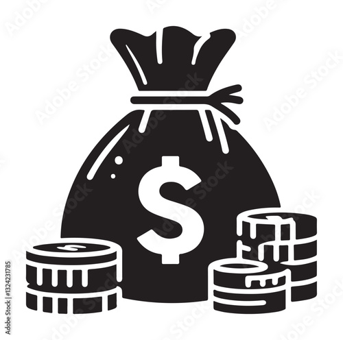Money bag or stash of money flat icon silhouette vector icon on white background.