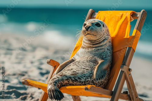 Seal dressed as lifeguard watching swimmers from chair whistle ready rescue anyone needing assistance water safety. Concept of beach protection. photo