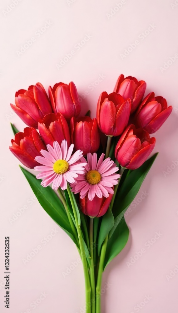 Fototapeta premium Red tulips and daisies forming a heart shape with stems and leaves, arrangement, valetine