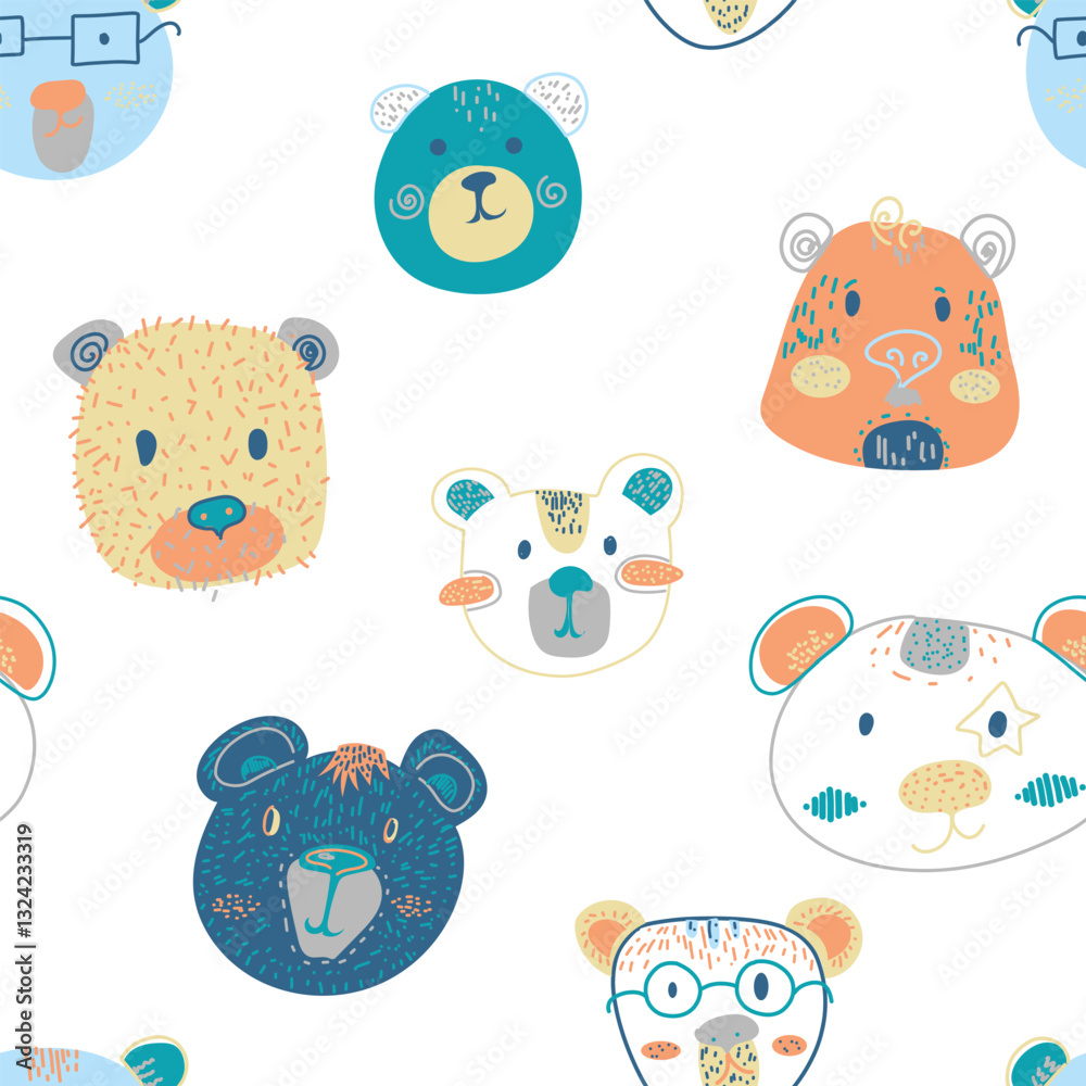 Fototapeta premium Seamless pattern with hand drawn cute bear characters. Childish adorable texture with cartoon bears. Vector illustration